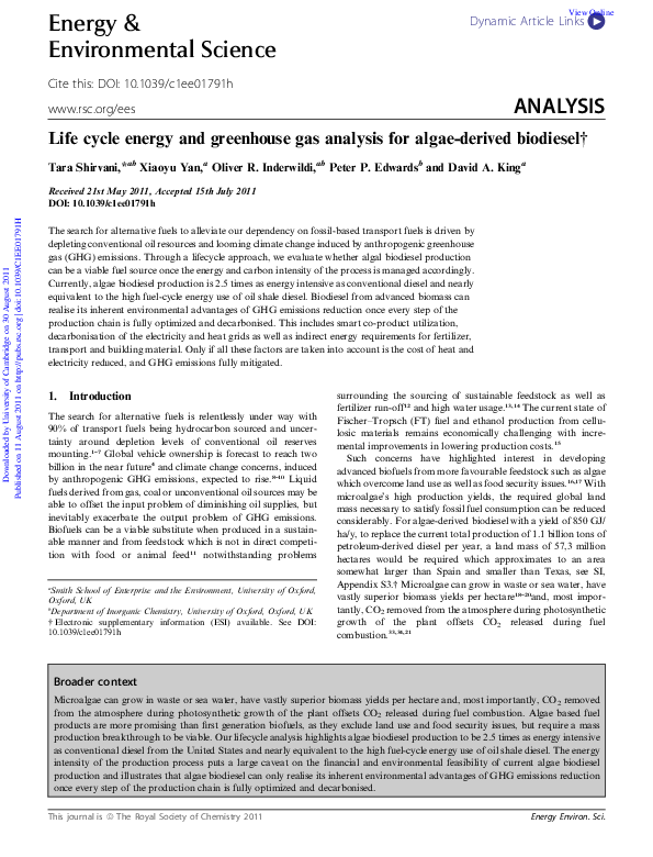 (PDF) Life cycle energy and greenhouse gas analysis for algae-derived ...