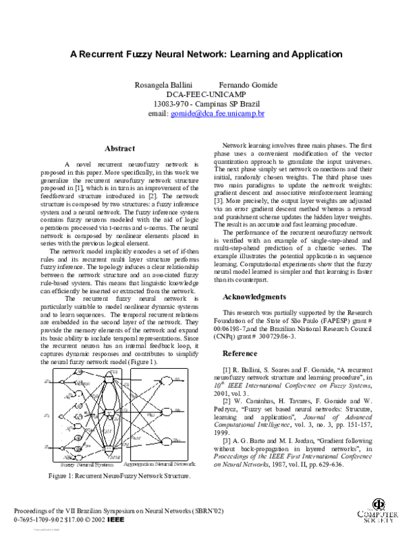 (PDF) A recurrent fuzzy neural network: learning and application