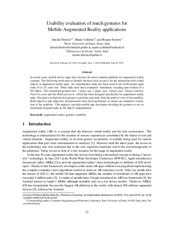(PDF) Usability evaluation of touch gestures for Mobile Augmented ...