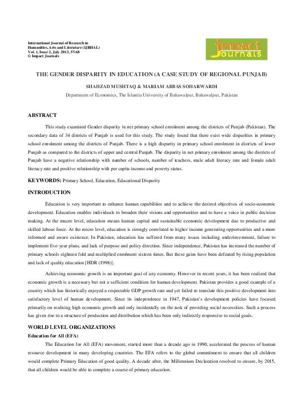 (PDF) The Gender Disparity in Education (A Case Study of Regional Punjab)