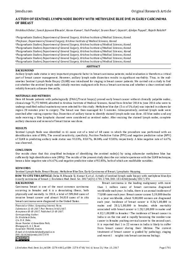 (PDF) A Study of Sentinel Lymph Node Biopsy with Methylene Blue Dye in ...