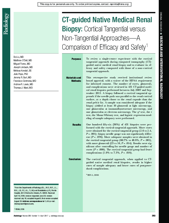 (PDF) CT-guided Native Medical Renal Biopsy: Cortical Tangential versus ...