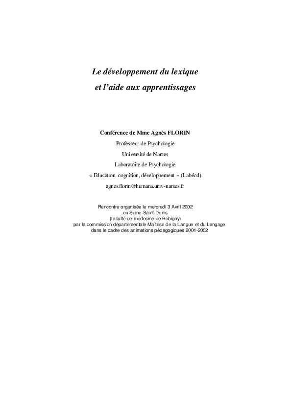 (PDF) Le développement du lexique et l'aide aux apprentissages