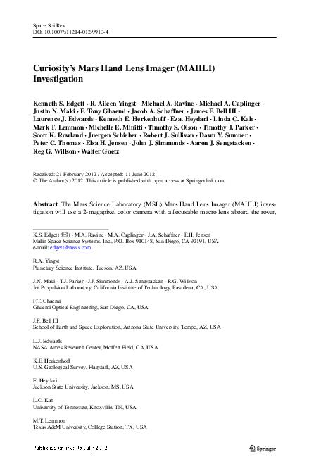 (PDF) Curiosity’s Mars Hand Lens Imager (MAHLI) Investigation