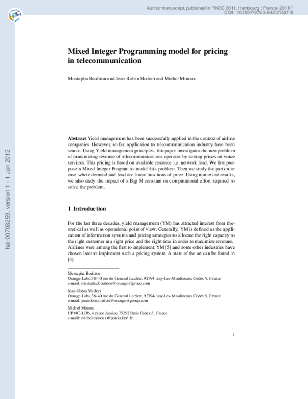 (PDF) Mixed Integer Programming Model for Pricing in Telecommunication
