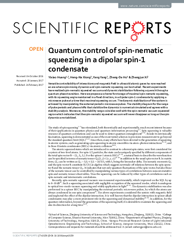 (PDF) Quantum control of spin-nematic squeezing in a dipolar spin-1 ...