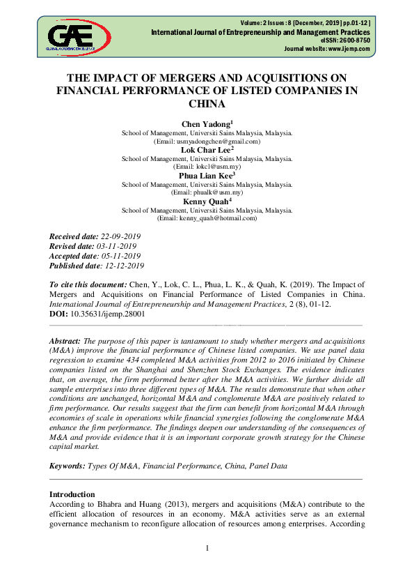 (PDF) The Impact of Mergers and Acquisitions on Financial Performance ...
