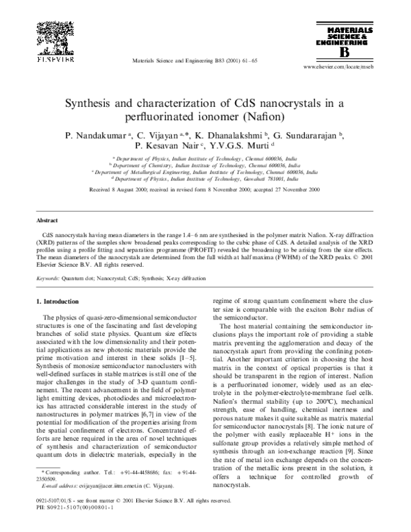 (PDF) SYNTHESIS AND CHARACTERIZATION OF CdS NANO-CRYSTALLITES DISPERSED ...
