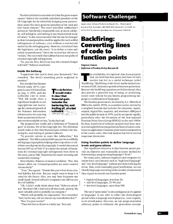 (PDF) Backfiring: converting lines of code to function points