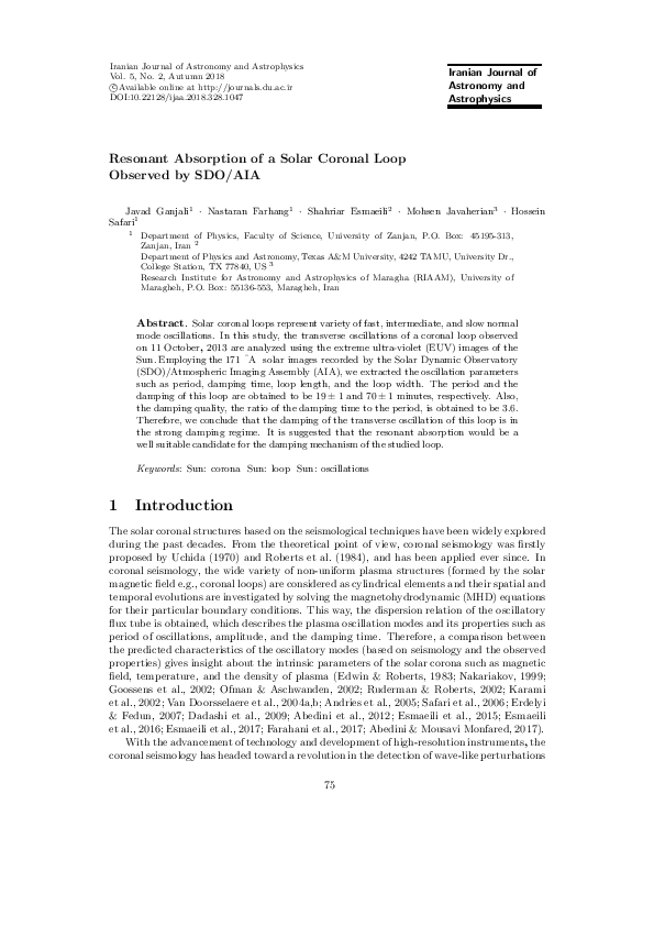(PDF) Resonant Absorption of a Solar Coronal Loop Observed by SDO/AIA