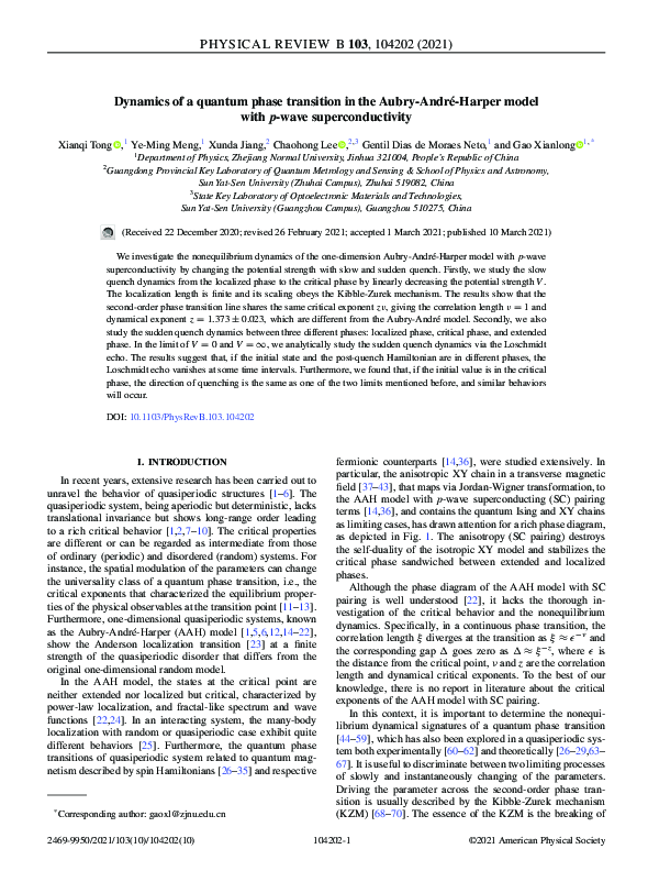 (PDF) Dynamics of a quantum phase transition in the Aubry-André-Harper ...