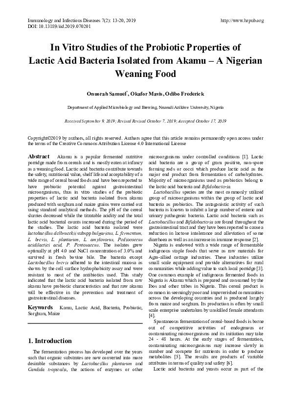 (PDF) In Vitro Studies of the Probiotic Properties of Lactic Acid ...