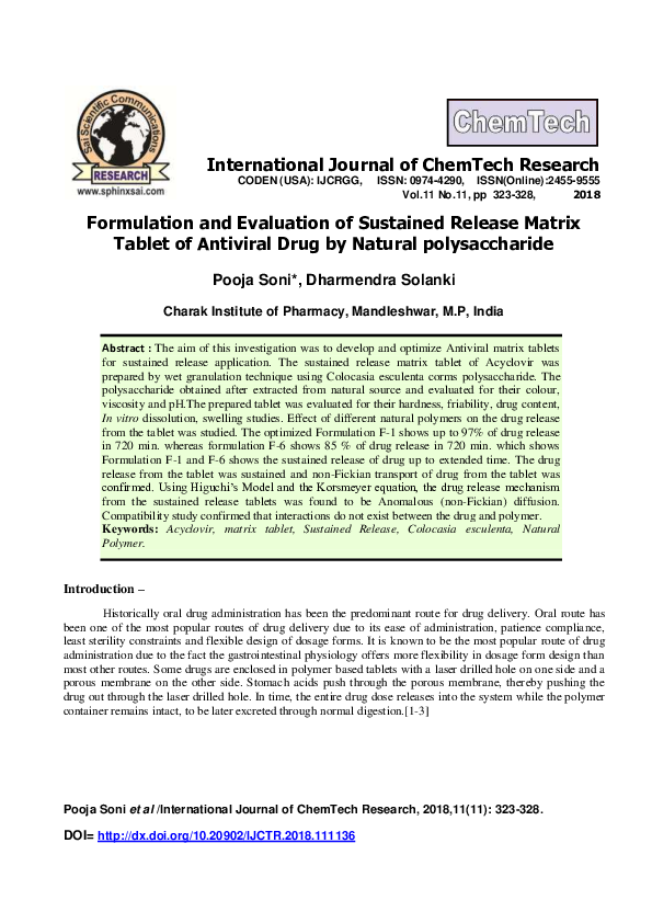 (PDF) • Formulation and evaluation of sustained release matrix tablet ...