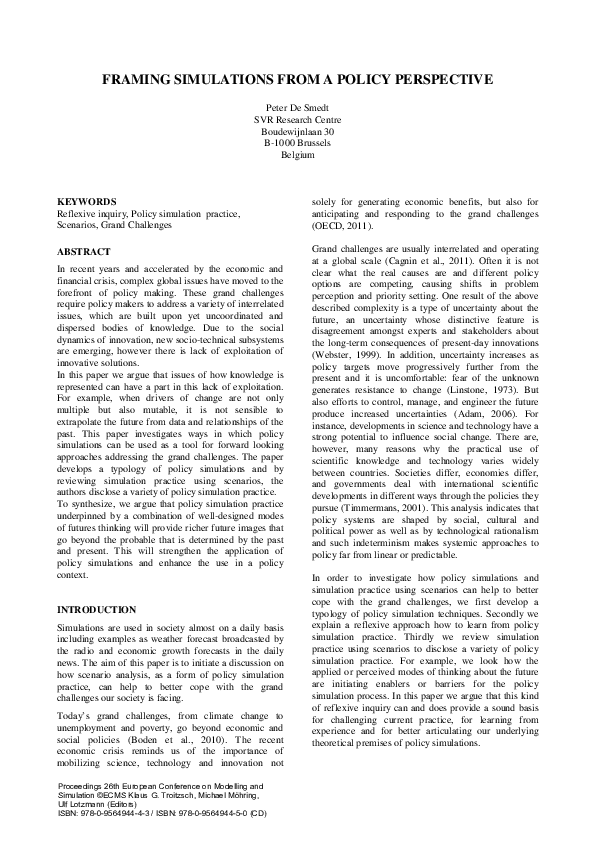 (PDF) Framing Simulations From A Policy Perspective