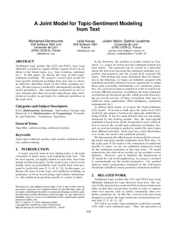 (PDF) A Joint Model for Topic-Sentiment Modeling from Text