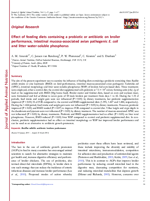 (PDF) Effect of feeding diets containing a probiotic or antibiotic on ...