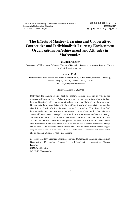 (PDF) The Effects of Mastery Learning and Cooperative, Competitive and ...