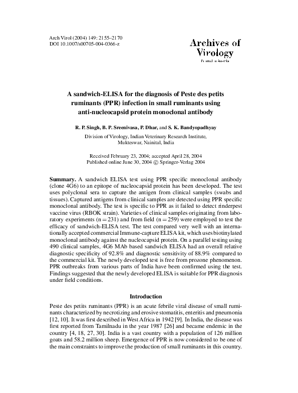 (PDF) A sandwich-ELISA for the diagnosis of Peste des petits ruminants ...