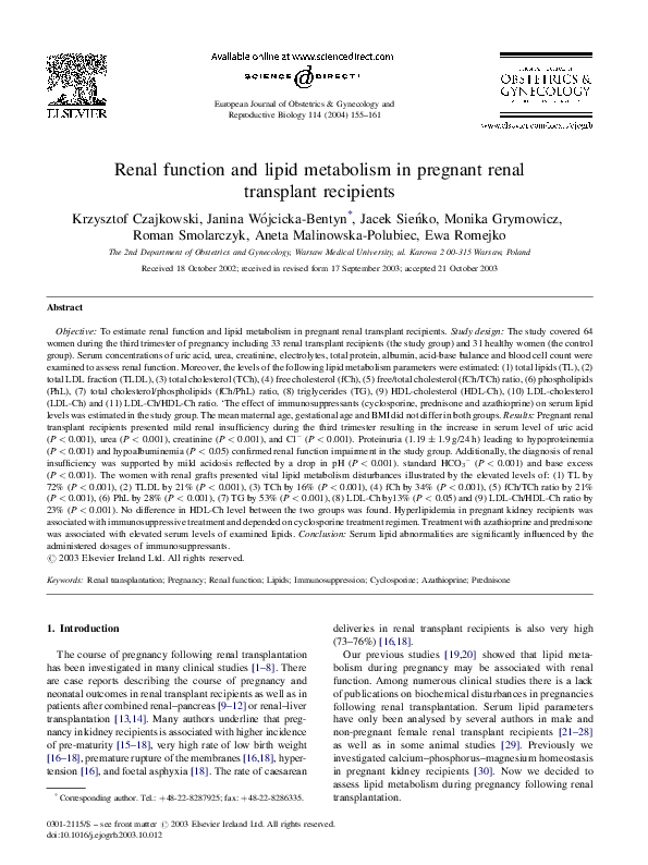(PDF) Renal function and lipid metabolism in pregnant renal transplant ...