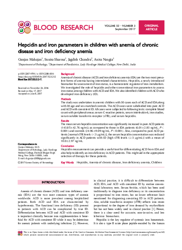 (PDF) Hepcidin and iron parameters in children with anemia of chronic ...