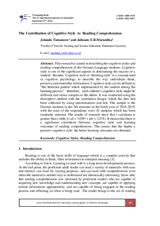 (PDF) The Contribution of Cognitive Style to Reading Comprehension