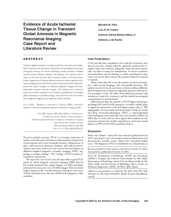 (PDF) Evidence of Acute Ischemic Tissue Change in Transient Global ...