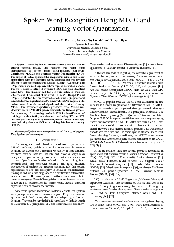 (PDF) Spoken Word Recognition Using MFCC and Learning Vector Quantization