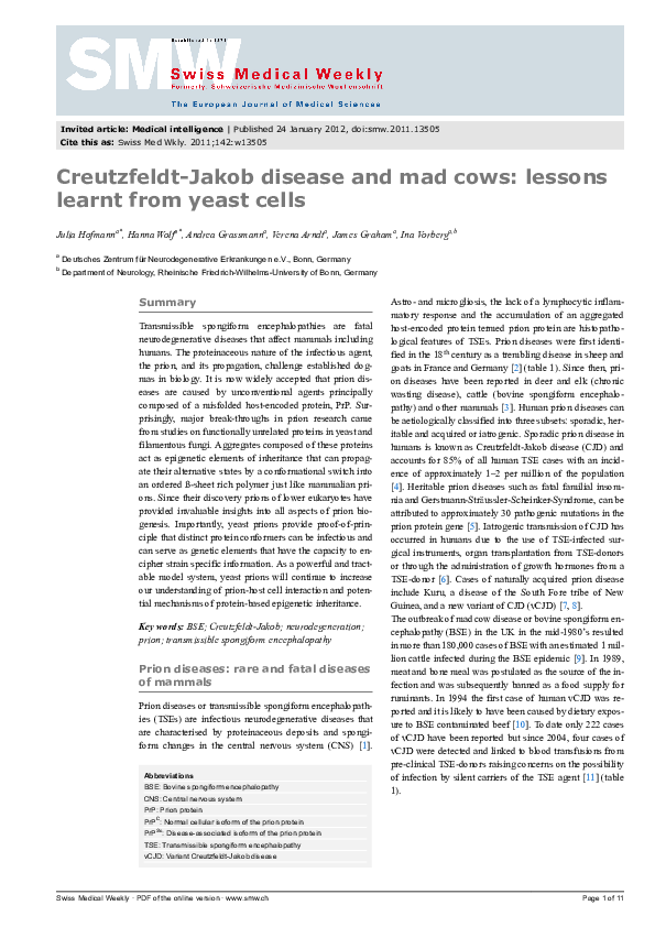 (PDF) CreutzfeldtJakob disease and mad cows lessons learnt from yeast
