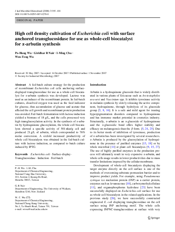 (PDF) High cell density cultivation of Escherichia coli W using sucrose ...