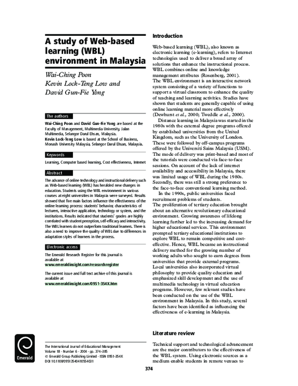 (PDF) A study of Web‐based learning (WBL) environment in Malaysia