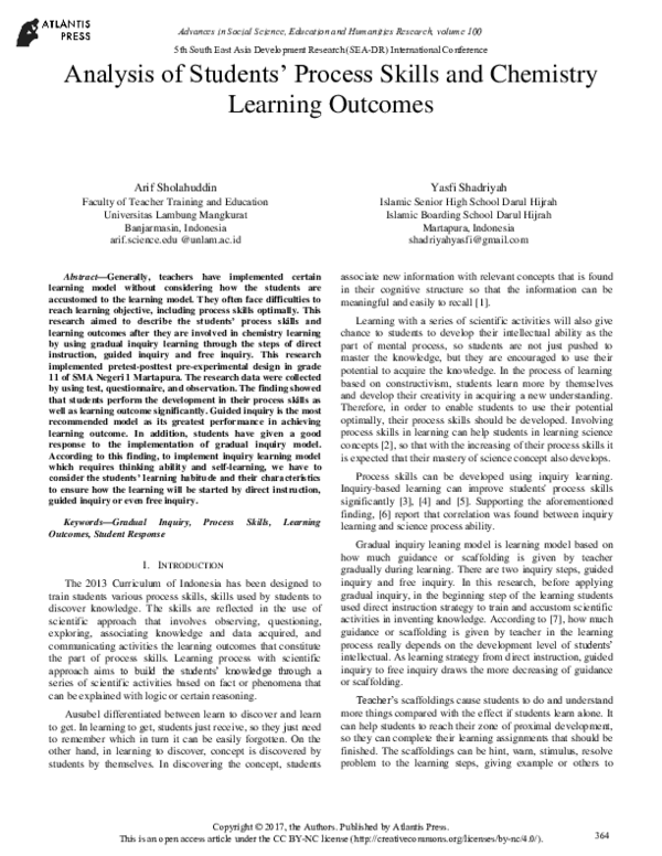 (PDF) Analysis of Students' Process Skills and Chemistry Learning Outcomes