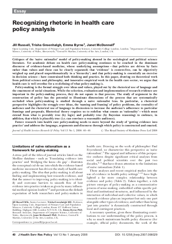(PDF) Recognizing rhetoric in health care policy analysis