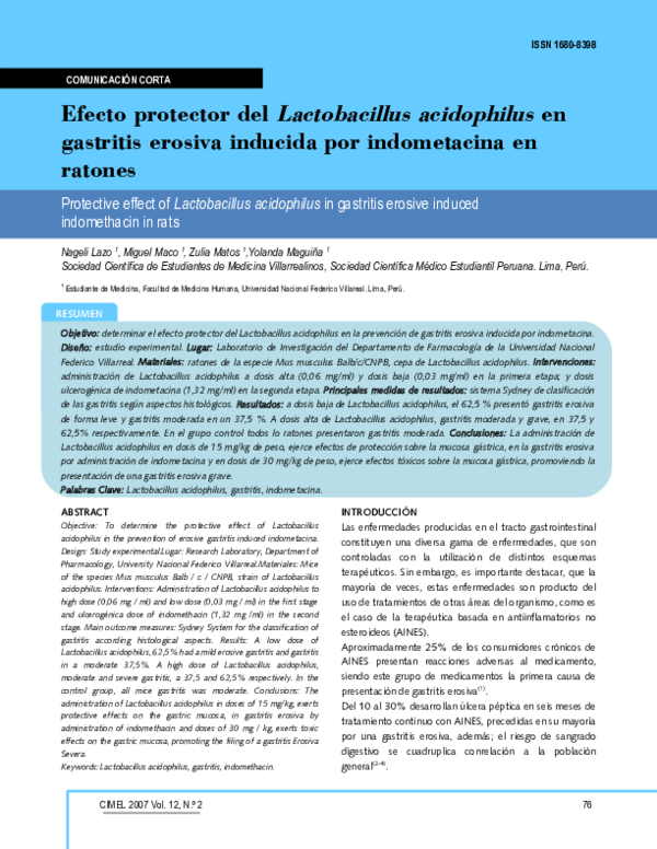 (PDF) Efecto protector del Lactobacillus acidophilus en gastritis erosiva inducida por