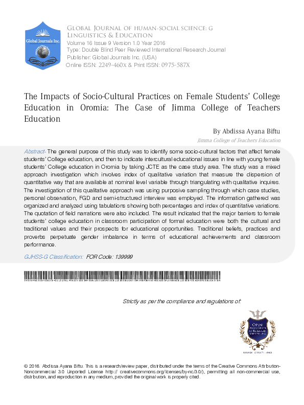  PDF The Impacts Of Socio Cultural Practices On Female Students 