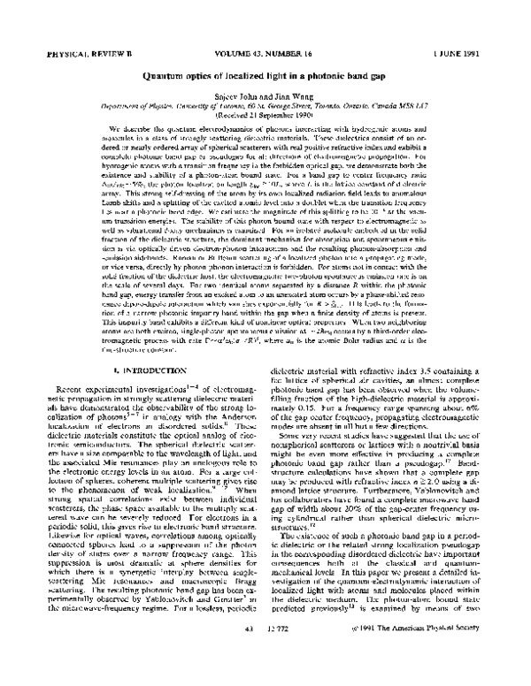 (PDF) Quantum Optics of Localized Light In a Photonic Band Gap