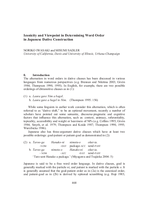(PDF) Iconicity and Viewpoint in Determining Word Order in Japanese Dative Construction Misumi