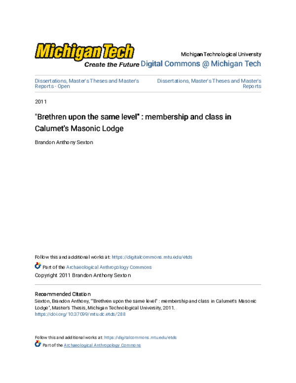 Brethren upon the same level" : membership and class in Calumet's Masonic Lodge