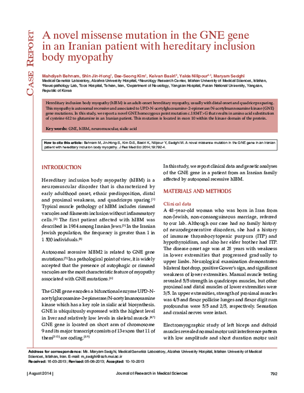 (PDF) A novel missense mutation in the GNE gene in an Iranian patient ...