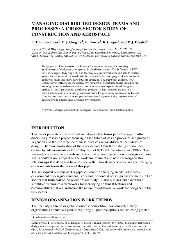 (PDF) Edum- MANAGING DISTRIBUTED DESIGN TEAMS AND PROCESSES: A CROSS ...