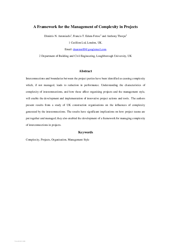 (PDF) A Framework for the Management of Complexity in Projects