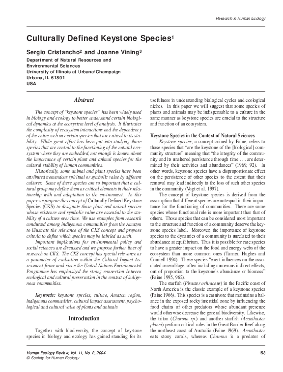 (PDF) Culturally Defined Keystone Species 1 | Joanne Vining - Academia.edu