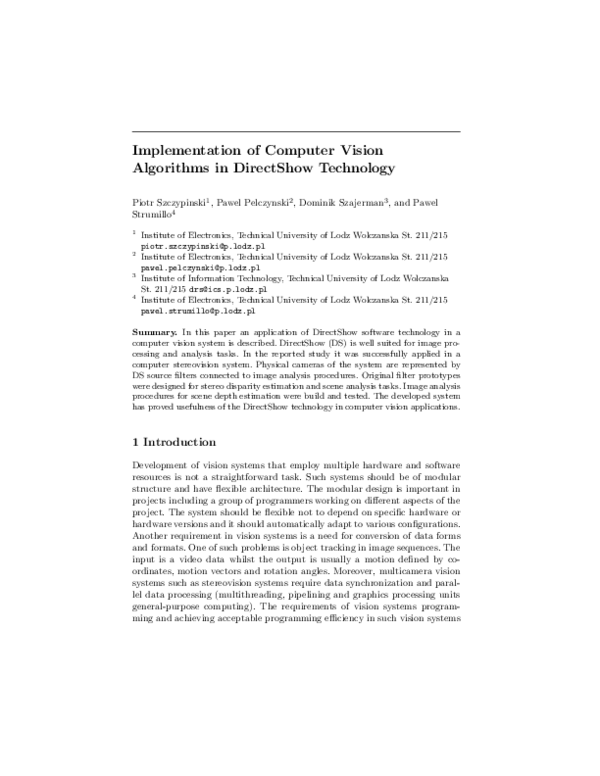 (PDF) Implementation of Computer Vision Algorithms in DirectShow Technology