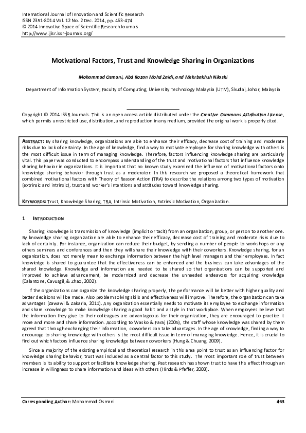 (PDF) Motivational Factors, Trust and Knowledge Sharing in Organizations