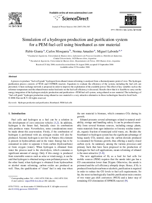 (PDF) Simulation of a hydrogen production and purification system for a ...