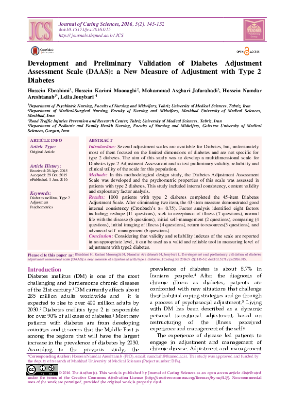 (PDF) Development and Preliminary Validation of Diabetes Adjustment ...