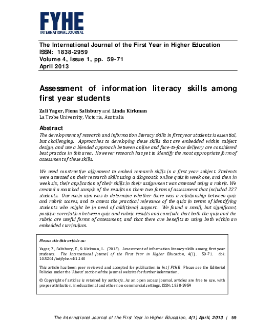 (PDF) Assessment of information literacy skills among first year students
