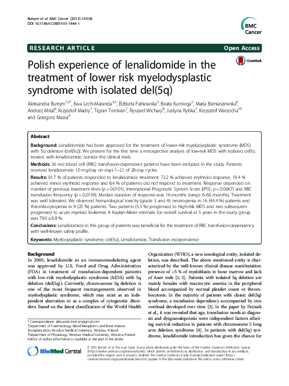 (PDF) Polish experience of lenalidomide in the treatment of lower risk ...