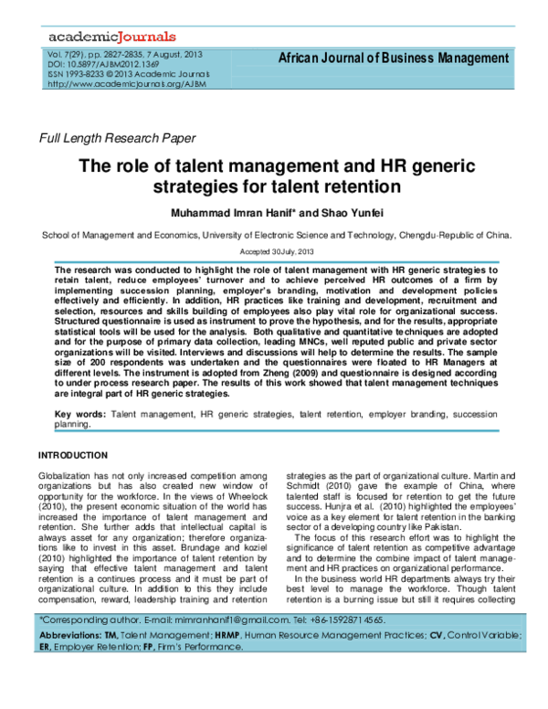 (PDF) The role of talent management and HR generic strategies for ...