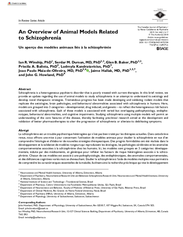 (PDF) An Overview of Animal Models Related to Schizophrenia Ludmyla Kandratavicius Academia.edu