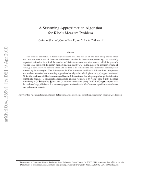(PDF) A Streaming Approximation Algorithm for Klee's Measure Problem